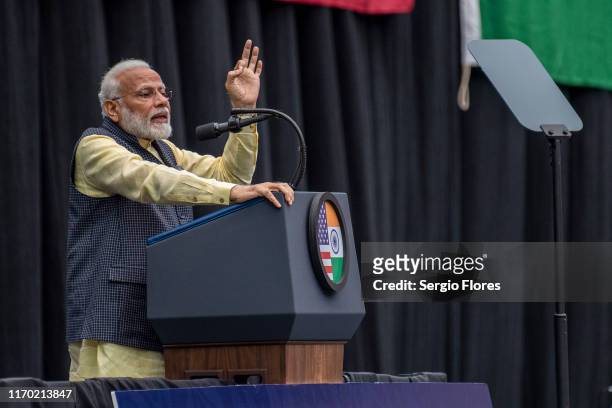 Indian Prime Minster Narendra Modi speaks on stage at NRG Stadium on September 22, 2019 in Houston, Texas. The rally, which U.S. President Donald...