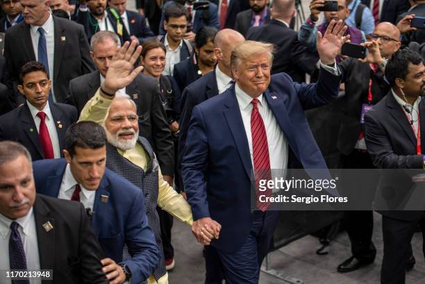 Indian Prime Minster Narendra Modi and U.S. President Donald Trump leave the stage at NRG Stadium after a rally on September 22, 2019 in Houston,...