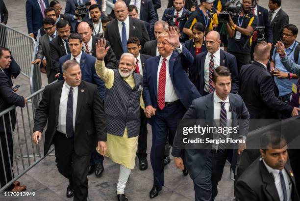 Indian Prime Minster Narendra Modi and U.S. President Donald Trump leave the stage at NRG Stadium after a rally on September 22, 2019 in Houston,...