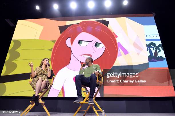 Christy Carlson Romano of "Kim Possible" and "Even Stevens" and Albert Lawrence speak at the Disney+ Pavilion at Disney’s D23 EXPO 2019 in Anaheim,...