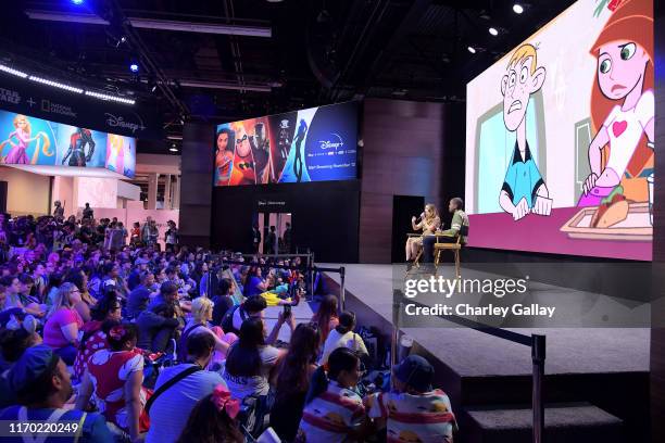 Christy Carlson Romano of "Kim Possible" and "Even Stevens" and Albert Lawrence speak at the Disney+ Pavilion at Disney’s D23 EXPO 2019 in Anaheim,...