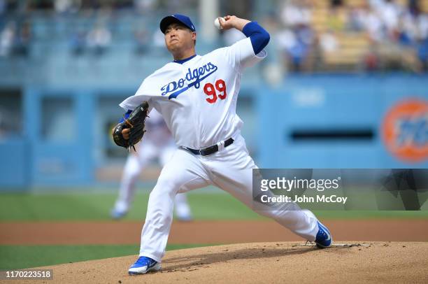 Hyun-Jin Ryu of the Los Angeles Dodgers pitches in the first inning against the Colorado Rockies at Dodger Stadium on September 22, 2019 in Los...