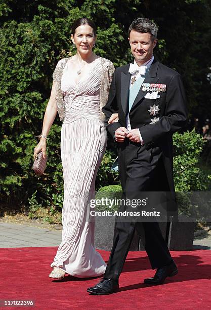 Crown Princess Mary and Crown Prince Frederik of Denmark arrive for the wedding of Princess Nathalie zu Sayn-Wittgenstein-Berleburg and Alexander...