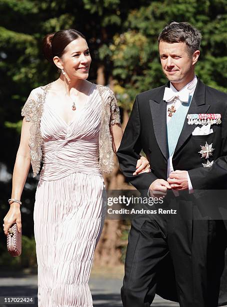 Crown Princess Mary and Crown Prince Frederik of Denmark arrive for the wedding of Princess Nathalie zu Sayn-Wittgenstein-Berleburg and Alexander...