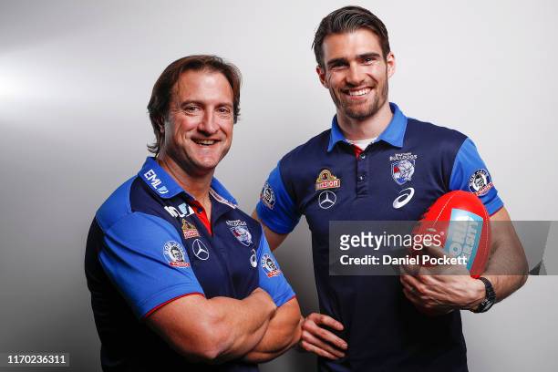 Bulldogs head coach Luke Beveridge and Easton Wood of the Bulldogs pose for a photo during a Western Bulldogs AFL media opportunity at Fox Sports...