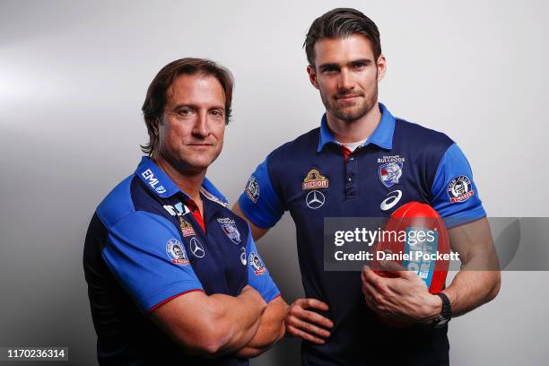 Bulldogs head coach Luke Beveridge and Easton Wood of the Bulldogs pose for a photo during a Western Bulldogs AFL media opportunity at Fox Sports...