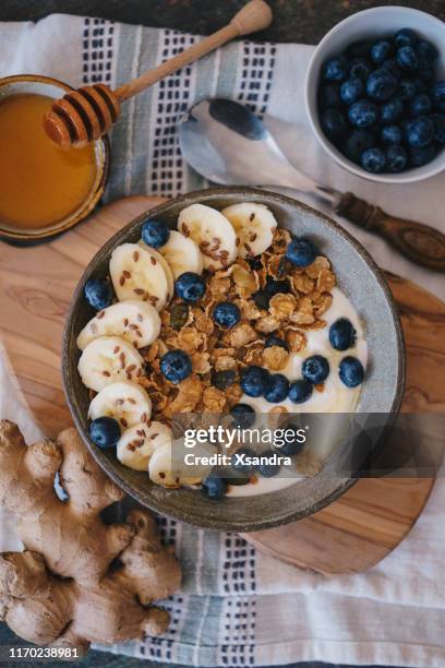 skål med frukostflingor med banan och blåbär - muesli bildbanksfoton och bilder