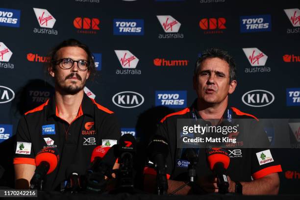 Giants captain Phil Davis and head coach Leon Cameron speak to the media during a Greater Western Sydney Giants AFL media opportunity on August 26,...