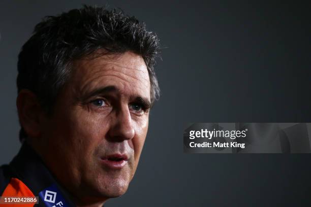 Giants head coach Leon Cameron speaks to the media during a Greater Western Sydney Giants AFL media opportunity on August 26, 2019 in Sydney,...