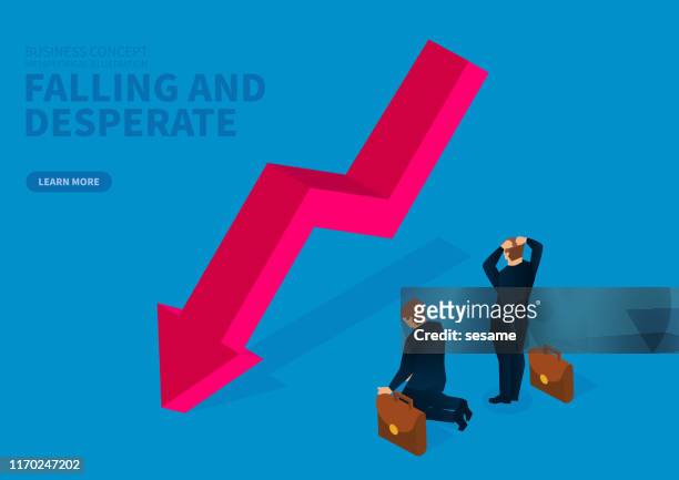 the falling arrow makes the businessman feel desperate and helpless - defeat stock illustrations
