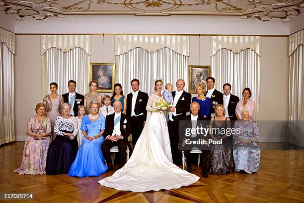 Princess Nathalie zu Sayn-Wittgenstein-Berleburg and husband Alexander Johannsmann pose with family and Queen Magarethe, Princess Benedikte, Crown...