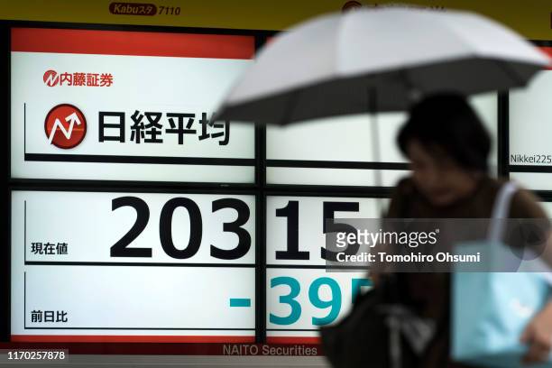 Pedestrian walks past an electronic stock board displaying the Nikkei 225 Stock Average figure on August 26, 2019 in Tokyo, Japan. Japanese stocks...
