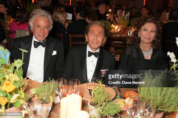 Giancarlo Giammetti, Valentino Garavani and Sophia Loren wearing Valentino attend The Green Carpet Fashion Awards, Italia 2019, after party hosted by...
