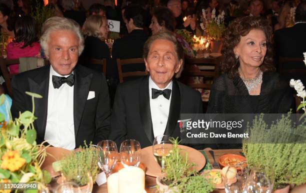 Giancarlo Giammetti, Valentino Garavani and Sophia Loren wearing Valentino attend The Green Carpet Fashion Awards, Italia 2019, after party hosted by...