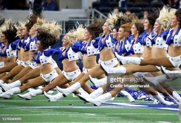 Dallas Cowboys cheerleaders perform during an NFL game between the Miami Dolphins and the Dallas Cowboys on Sunday, Sept. 22, 2019 at AT&T Stadium in...