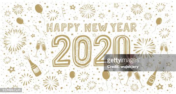 happy new year 2020. doodle new year's eve greeting card - new year new you 2019 stock illustrations