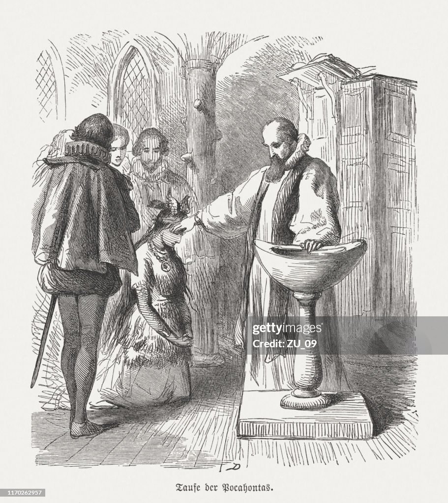 O batismo de Pocahontas, gravura em madeira, publicado em 1876
