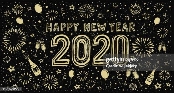 happy new year 2020. doodle new year's eve greeting card - firework display stock illustrations stock illustrations