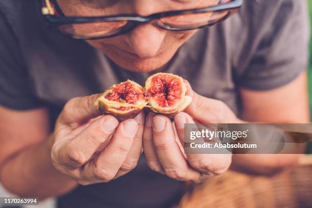 senior woman holding open figs, italia - fig tree fotografías e imágenes de stock