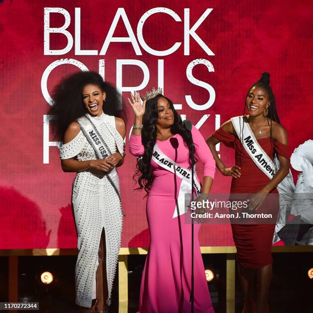 Miss USA Cheslie Kryst, Actress Niecy Nash, and Miss America Nia Imani Franklin speak onstage during Black Girls Rock! at NJ Performing Arts Center...
