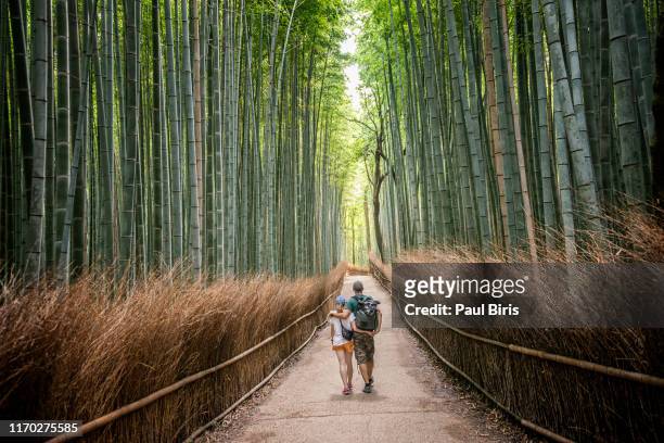 cheerful couple walking through bamboo forest, kyoto,japan - prefekturen kyoto bildbanksfoton och bilder