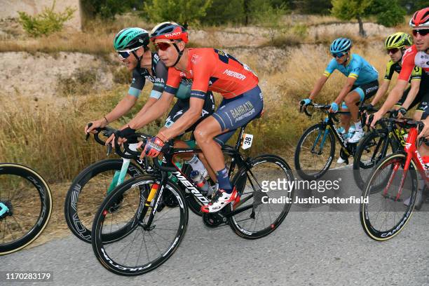 Dylan Teuns of Belgium and Team Bahrain-Merida / Jean-Pierre Drucker of Luxembourg and Team Bora-Hansgrohe / Gorka Izagirre Insausti of Spain and...