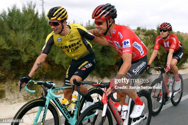 Primoz Roglic of Slovenia and Team Jumbo-Visma / Nicolas Roche of Ireland and Team Sunweb Red Leader Jersey / Michael Storer of Australia and Team...