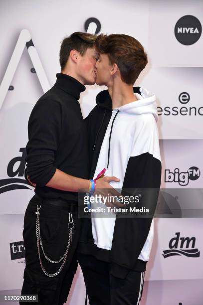 Leon Koch and his boyfriend Lukas White during the Beauty Convention "Glow" by DM at The Station on September 22, 2019 in Berlin, Germany.