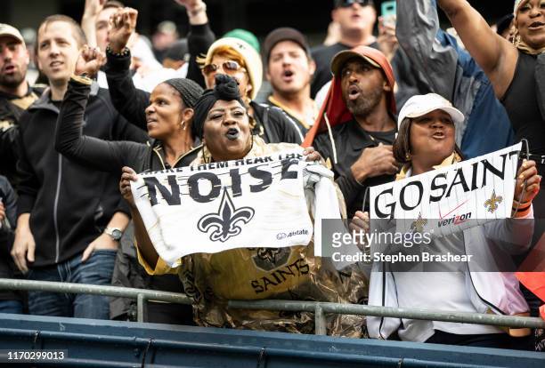 New Orleans Saints fans celebrate after game against the Seattle Seahawks at CenturyLInk Field on September 22, 2019 in Seattle, Washington. The...