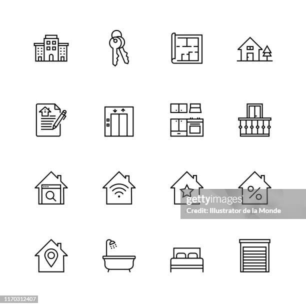 real estate line icon set - floor plan stock illustrations