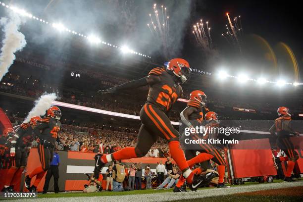 Tavierre Thomas of the Cleveland Browns runs onto the field prior to the start of the game against the Los Angeles Rams at FirstEnergy Stadium on...