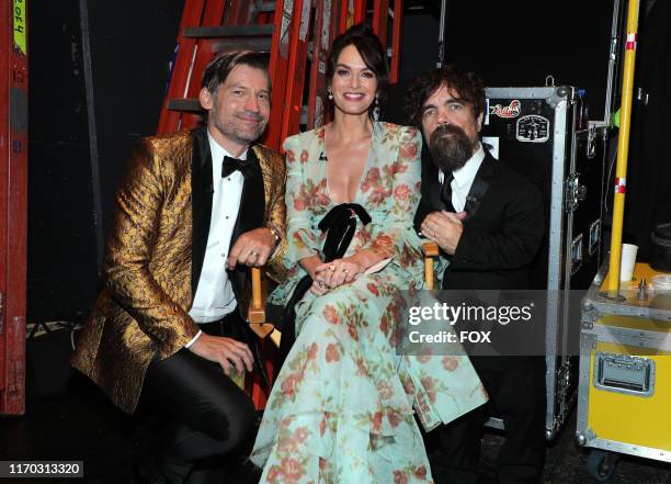 Nikolaj Coster-Waldau, Lena Headey and Peter Dinklage pose behind the scenes during the 71ST PRIMETIME EMMY® AWARDS airing live from the Microsoft...