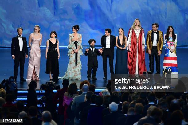 The cast of "Game of Thrones" speaks onstage during the 71st Emmy Awards at the Microsoft Theatre in Los Angeles on September 22, 2019.