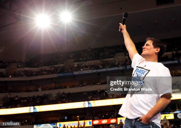 Owner Mark Cuban of the Dallas Mavericks during the Dallas Mavericks Victory celebration on June 16, 2011 in Dallas, Texas.