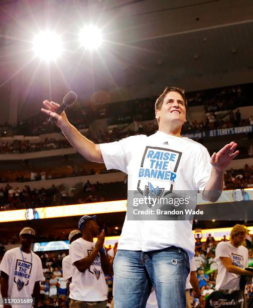 Owner Mark Cuban of the Dallas Mavericks during the Dallas Mavericks Victory celebration on June 16, 2011 in Dallas, Texas.