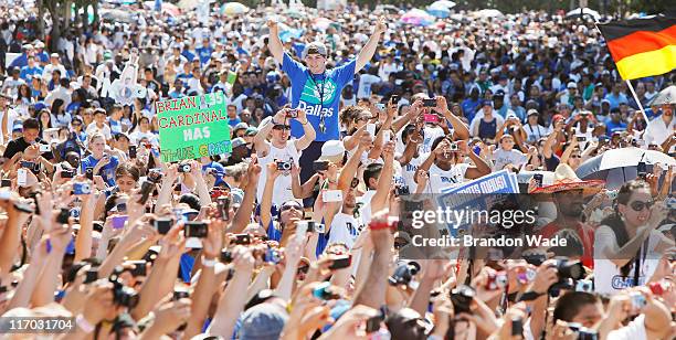 Dallas Maverick fans during the Dallas Mavericks Victory Parade on June 16, 2011 in Dallas, Texas.