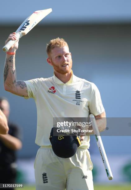 England batsman Ben Stokes celebrates at the end after hitting the winning runs after day four of the 3rd Ashes Test Match between England and...