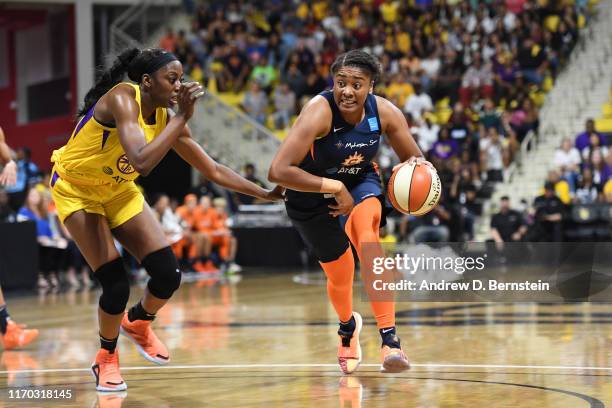 Morgan Tuck of the Connecticut Sun drives to the basket against the Los Angeles Sparks during Game Three of the 2019 WNBA Semifinals on September 22,...