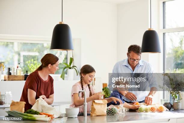 curious children with parents unpacking groceries - hanging lights stock pictures, royalty-free photos & images