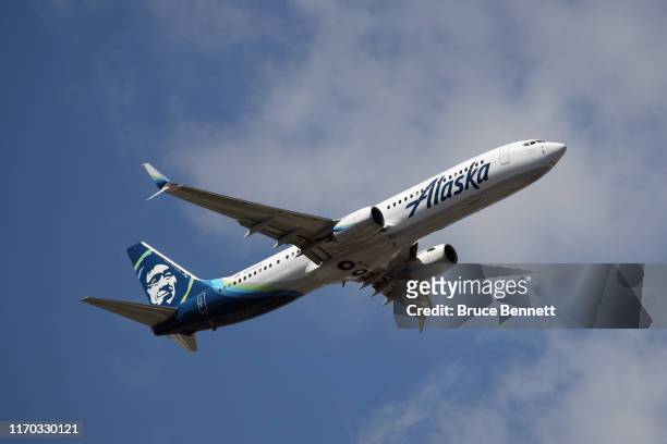 Boeing 737-990 operated by Alaska Airlines takes off from JFK Airport on August 24, 2019 in the Queens borough of New York City.