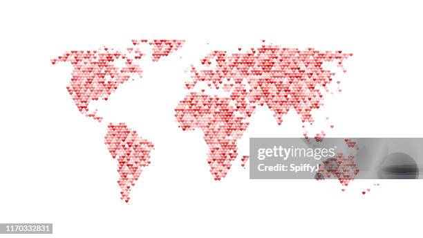 hearts halftone map - dotted world map stock illustrations