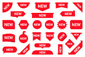 Set of new stickers, sale tags and labels. Shopping stickers and badges for merchandise and promotion, special offer, new collection, discount etc. Red labels for web banners in different shapes