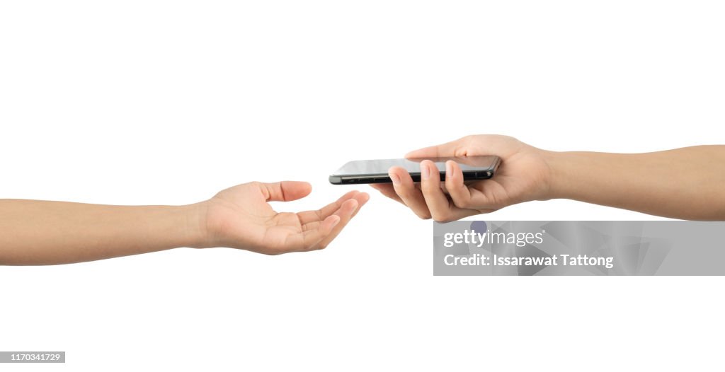 Submit a smartphone to hand isolated on white background