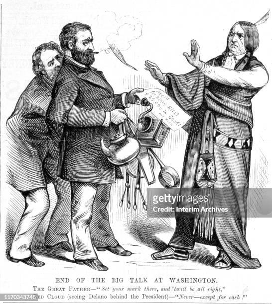 Political cartoon depicting Commissioner of Internal Revenue Columbus Delano, left, using his arms to pretend to be President Ulysses S Grant,...