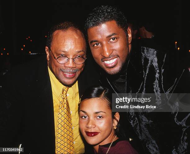 Quincy Jones and Kenneth “Babyface” Edmonds with Kidada Jones at the ACLU Bill of Rights Dinner honoring Edmonds for expanding opportunities for...