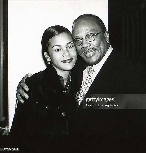 Quincy Jones hugs his daughter Kidada Jones as they arrive at the ACLU Bill of Rights Dinner at the Beverly Wilshire Hotel on December 16, 1996 in...