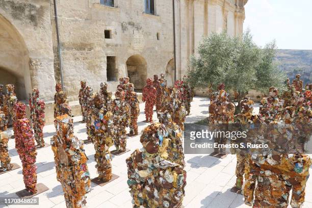 Artist HA Schult presents his new sculptures 'Trash People' at the Artistic Installation "Go Matera. Go!" by HA Schult on August 25, 2019 in Matera,...