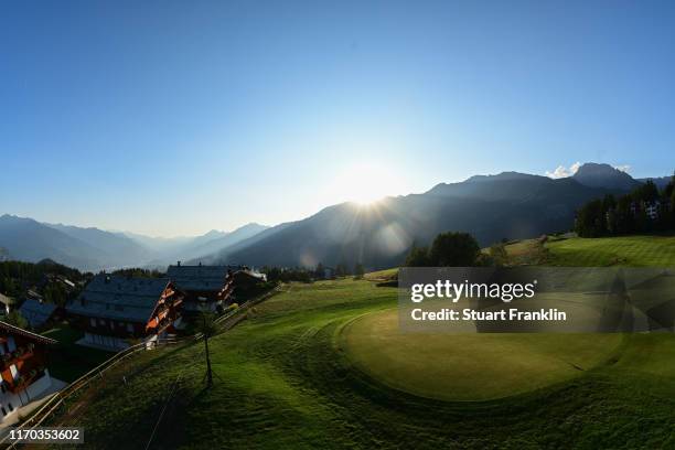 General view of the seventh hole prior to the start of the Omega European Masters at Crans Montana Golf Club on August 26, 2019 in Crans-Montana,...