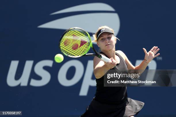 Daria Gavrilova of Australia returns a shot during her women's singles first round match against Fiona Ferro of France during day one of the 2019 US...