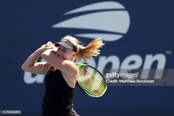 Daria Gavrilova of Australia returns a shot during her women's singles first round match against Fiona Ferro of France during day one of the 2019 US...